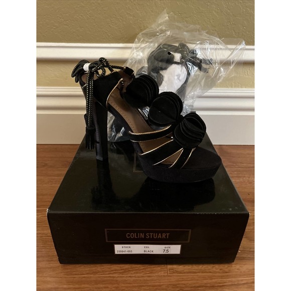 Colin Stuart Black Platform Stiletto Pumps Black Gold Ruffled Tie Up New 7.5 - Picture 1 of 8